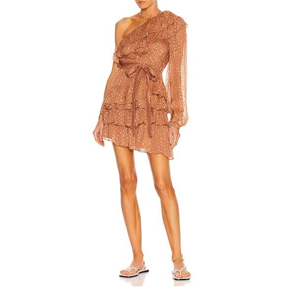 Rococo Sand Aine One Shoulder Tan Gold Ruffle Mini Dress Medium - Picture 11 of 11